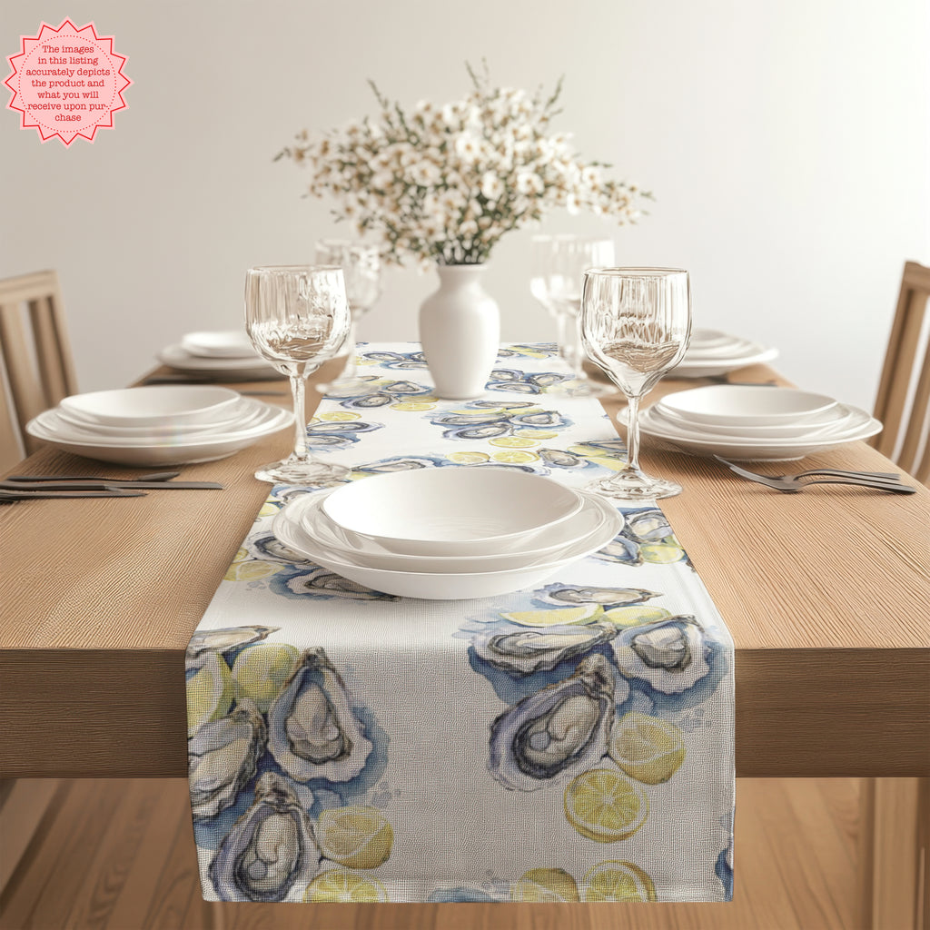 Watercolor Oysters Table Runner – Coastal Mediterranean Dining Decor