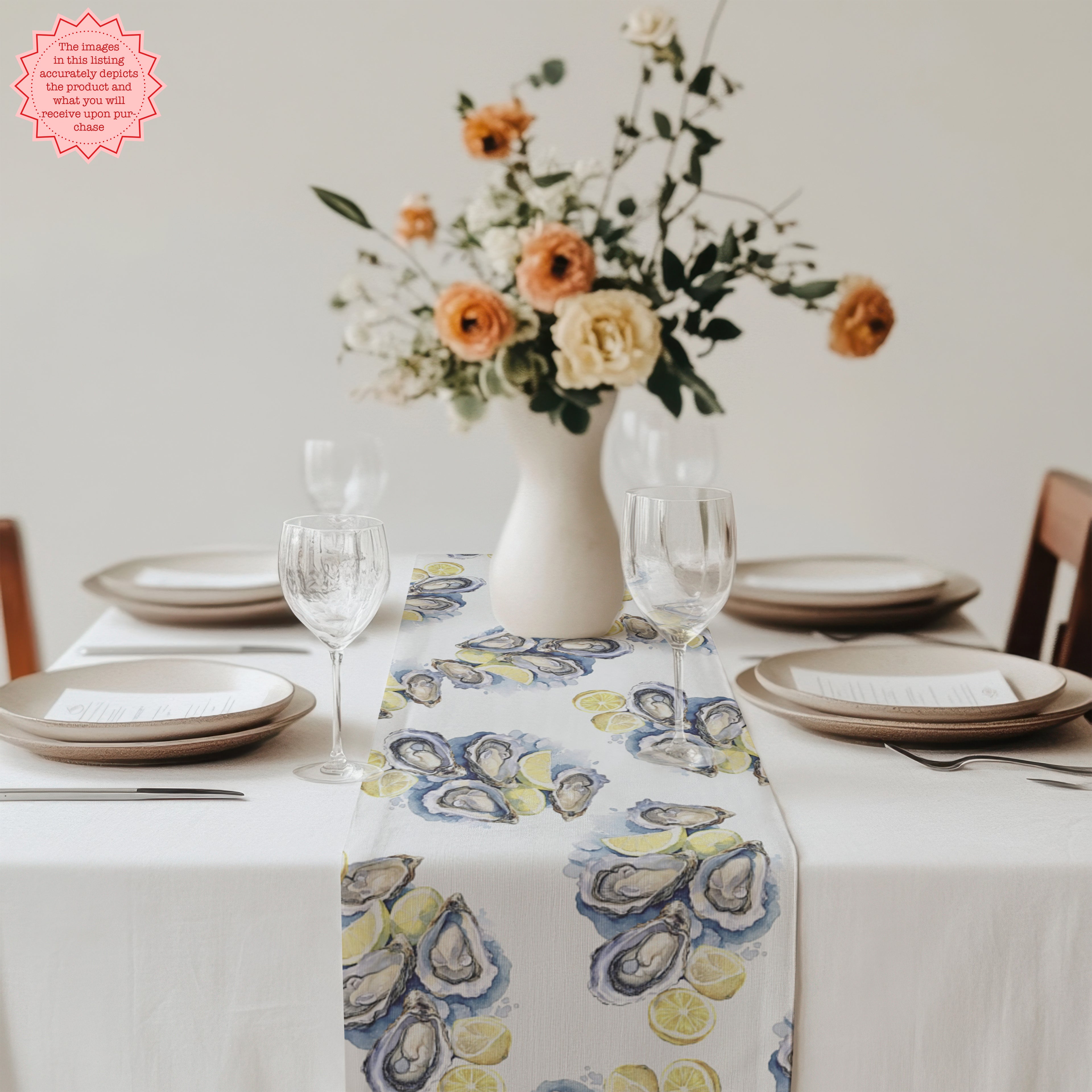 Watercolor Oysters Table Runner – Coastal Mediterranean Dining Decor
