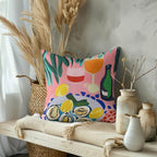 Close-up of the Oysters & Wine 22" cushion with playful imagery of oysters and wine. Available in four materials.