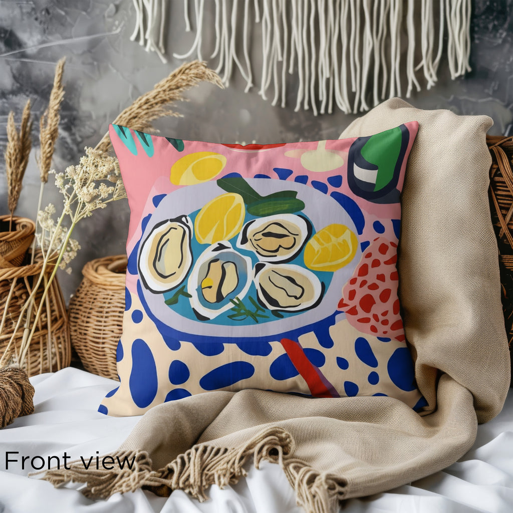 Oysters & Wine cushion featuring vibrant colors and Mediterranean-inspired design in Velveteen material.