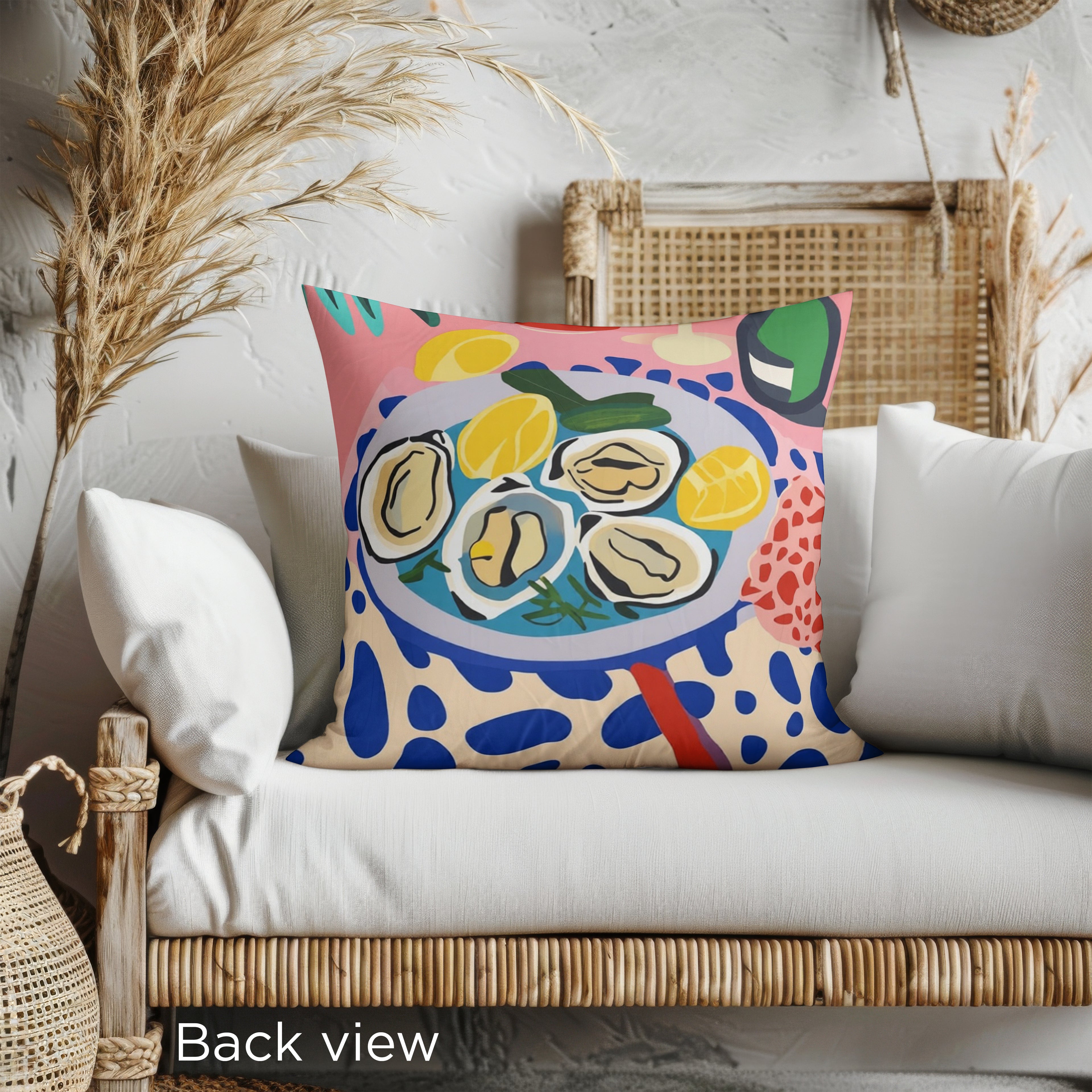 Back view of the Oysters & Wine 22" cushion showing the vibrant colors and design featuring oysters and wine.