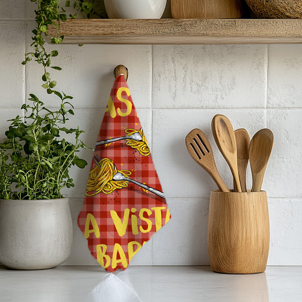 Pasta La Vista Baby tea towel displayed in a kitchen, adding colourful retro-inspired style and humour to the décor.
