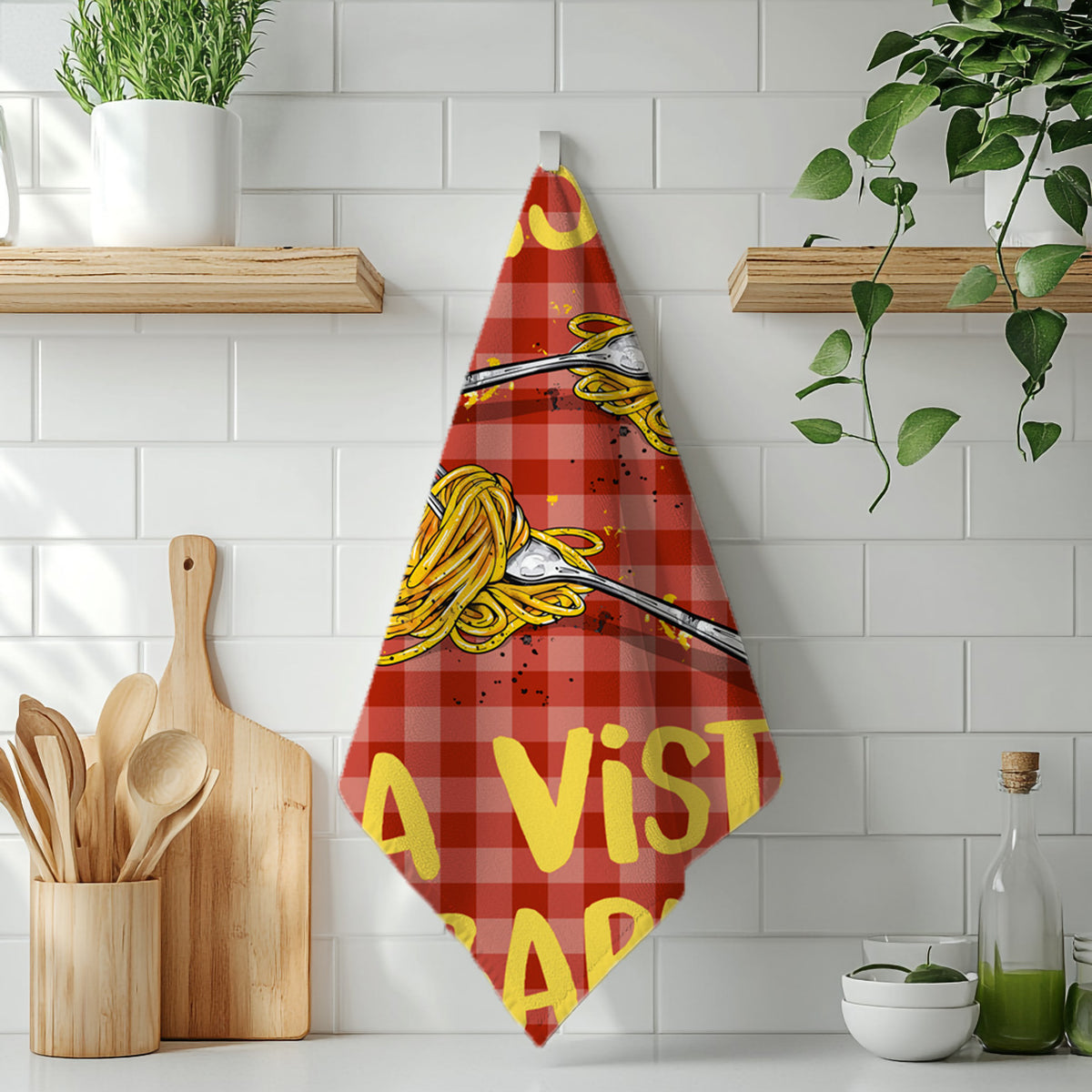 Colourful Pasta La Vista Baby tea towel styled in a modern kitchen for a fun and playful pop of colour.