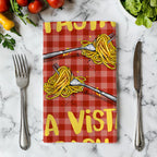 Red and coral gingham pattern with bright yellow lettering on a colourful pasta-themed tea towel.