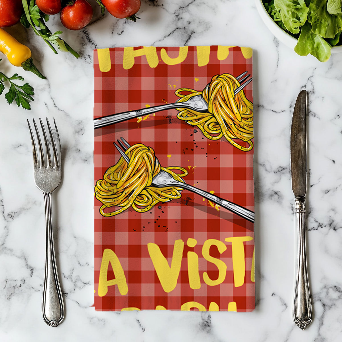 Red and coral gingham pattern with bright yellow lettering on a colourful pasta-themed tea towel.