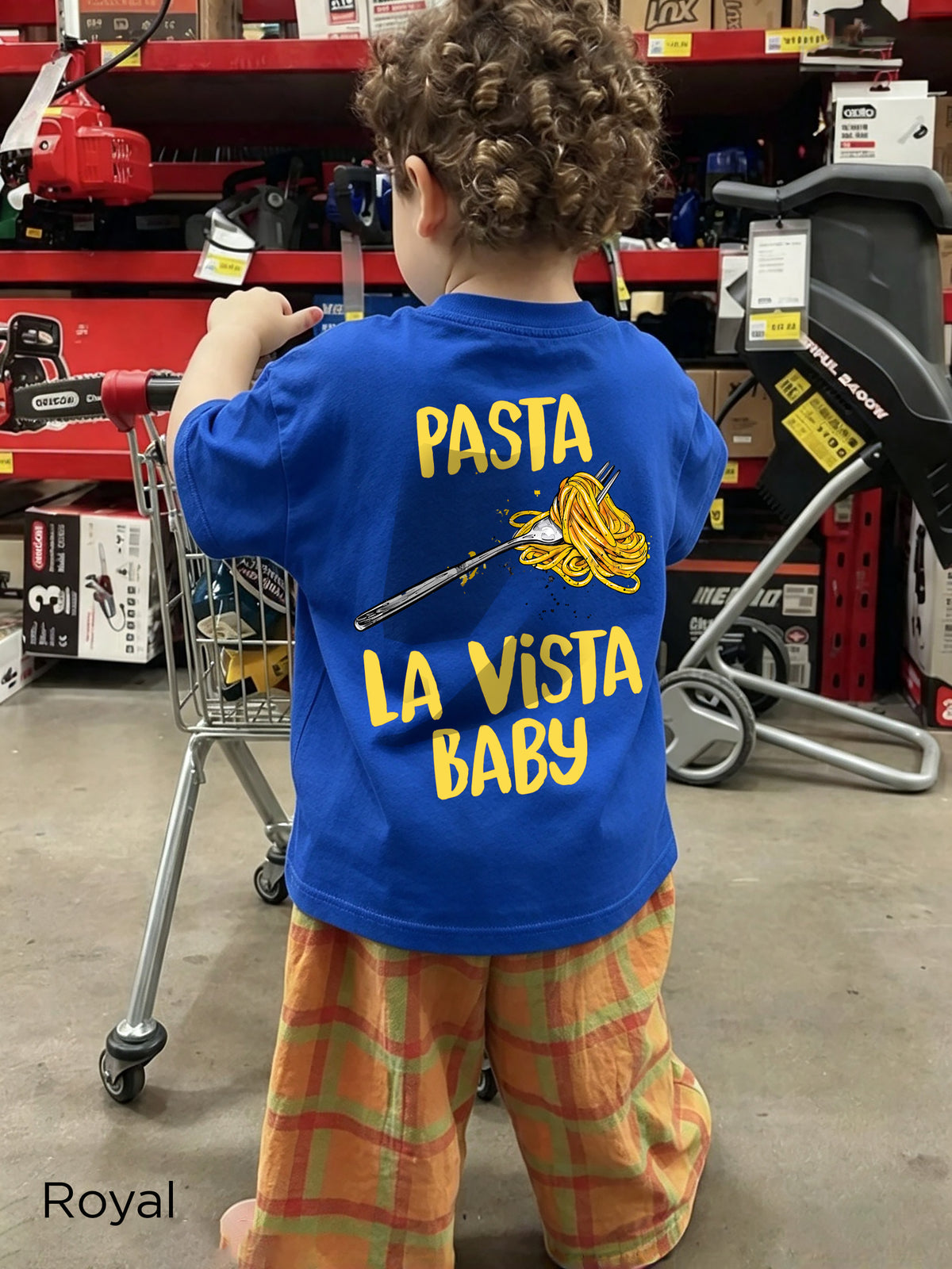 Close-up of the small colourful spaghetti fork design on the back of the kids' Pasta La Vista Baby T-shirt.