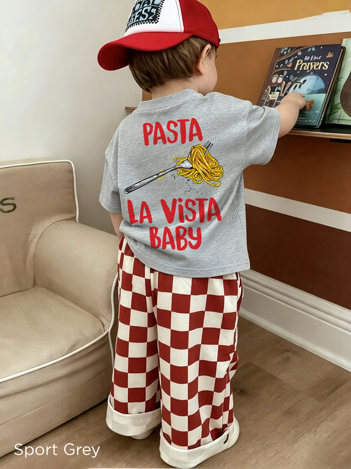 Kids Pasta La Vista Baby T-shirt showing the spaghetti fork graphic and colourful back print.