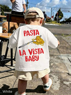 Kids Pasta La Vista Baby T-shirt featuring a colourful spaghetti-inspired graphic print on the back.