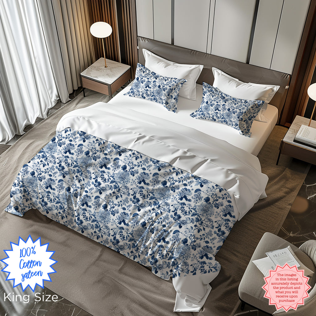 Blue Toile Floral Duvet Cover – Luxury Cotton Sateen Bedding