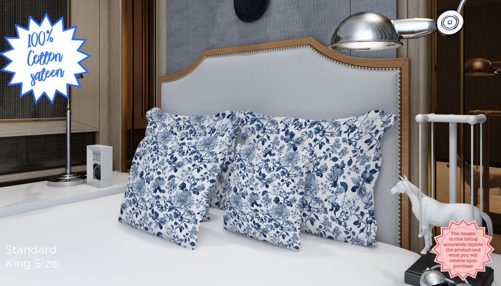 Blue Toile Floral Duvet Cover – Luxury Cotton Sateen Bedding