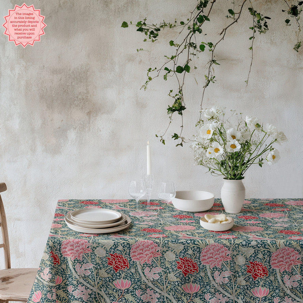 William Morris–Inspired Pink Tulip Tablecloth – Arts & Crafts Floral Dining Linen