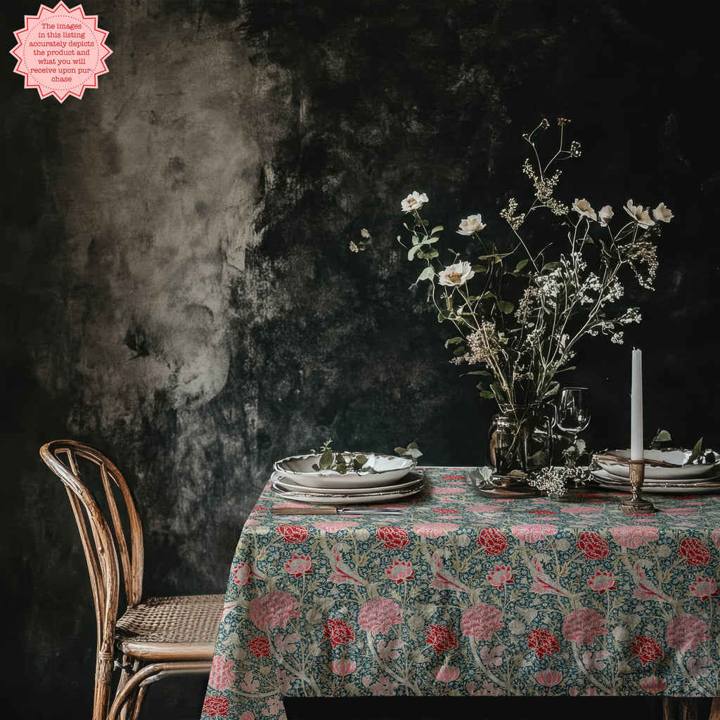 William Morris–Inspired Pink Tulip Tablecloth – Arts & Crafts Floral Dining Linen