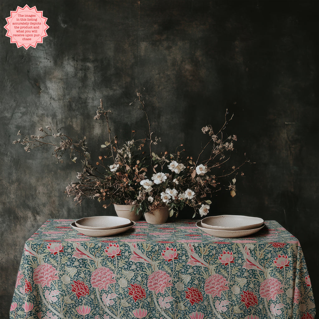 William Morris–Inspired Pink Tulip Tablecloth – Arts & Crafts Floral Dining Linen