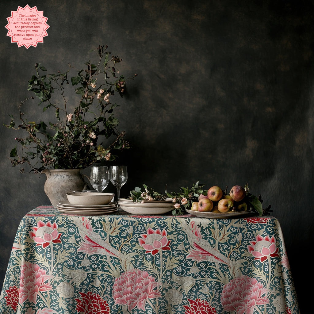 William Morris–Inspired Pink Tulip Tablecloth – Arts & Crafts Floral Dining Linen