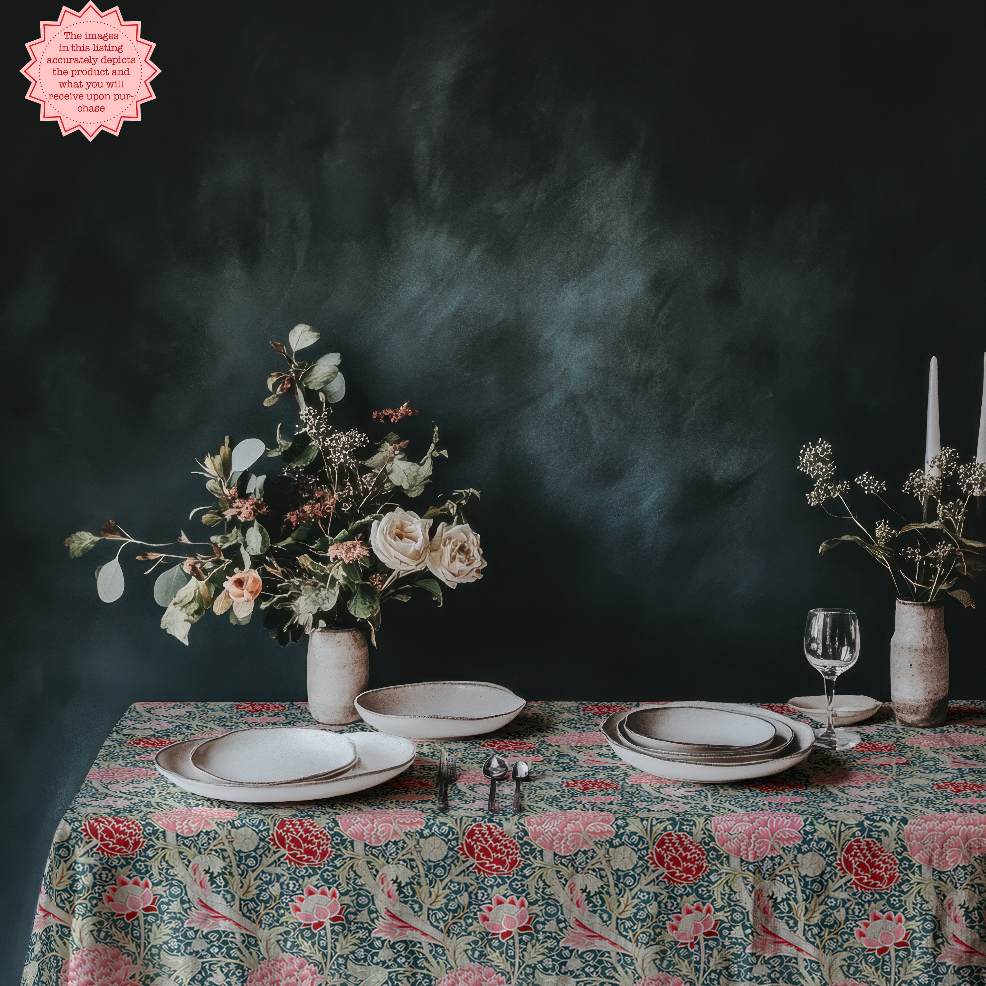 William Morris–Inspired Pink Tulip Tablecloth – Arts & Crafts Floral Dining Linen