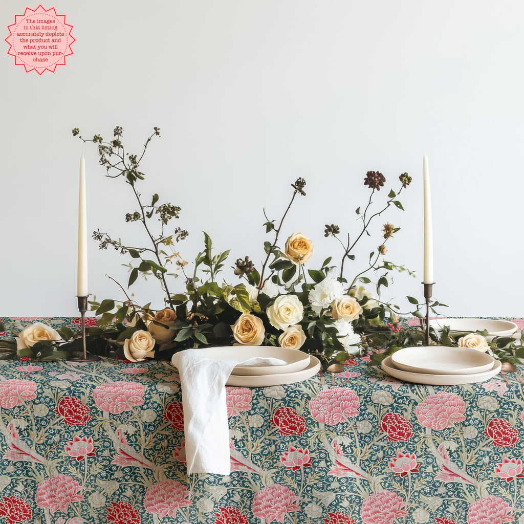 William Morris–Inspired Pink Tulip Tablecloth – Arts & Crafts Floral Dining Linen