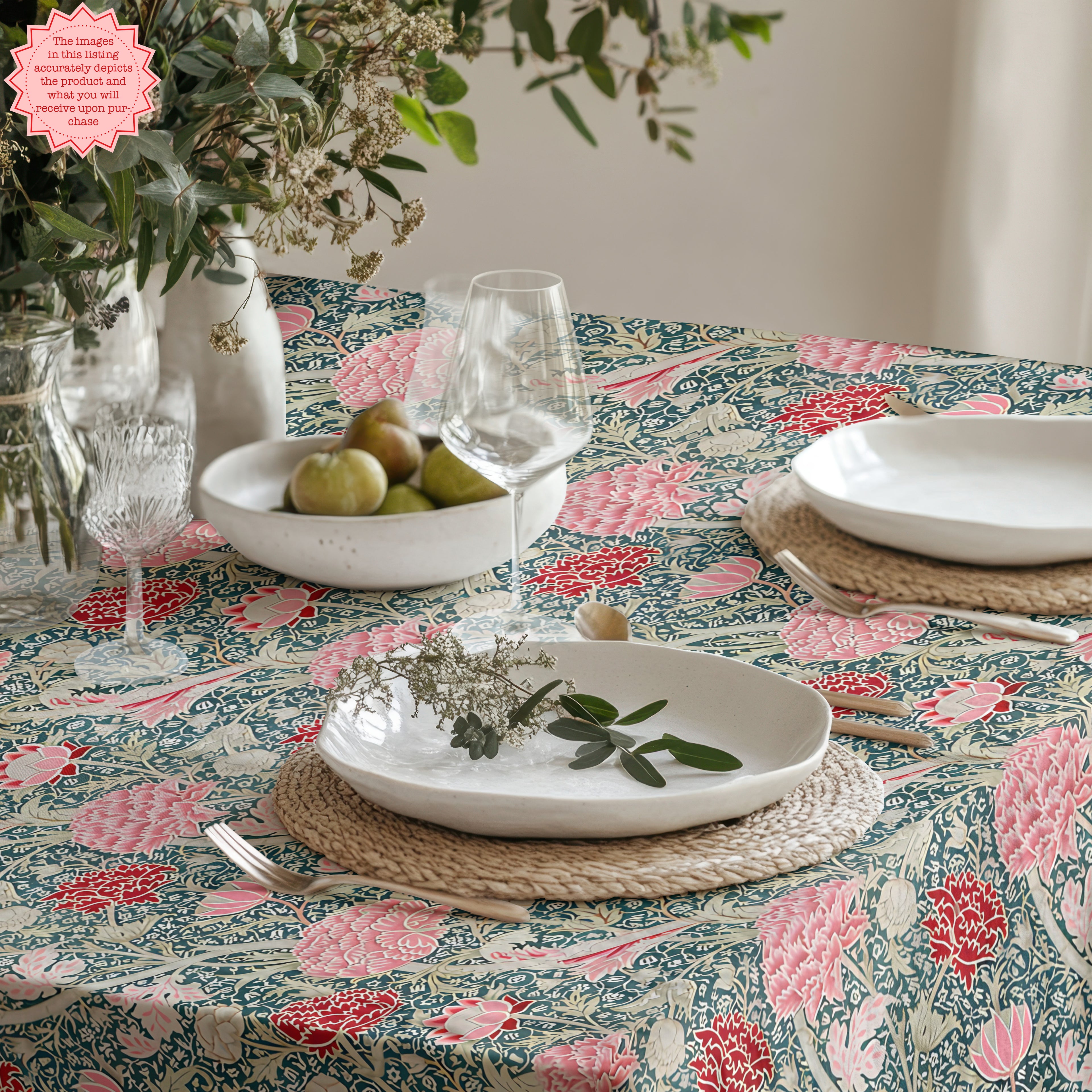 William Morris–Inspired Pink Tulip Tablecloth – Arts & Crafts Floral Dining Linen