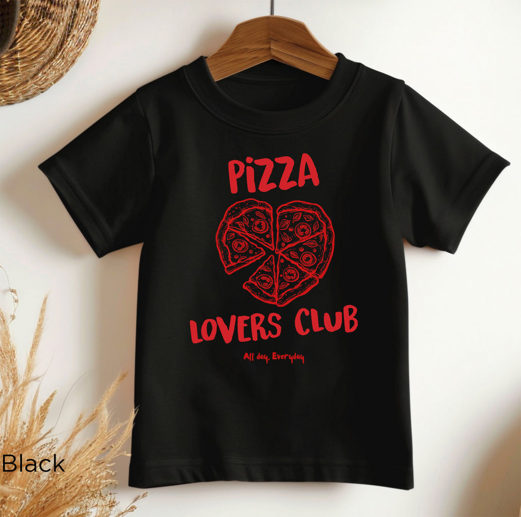 Black Bella + Canvas toddler pizza graphic tee featuring red Pizza Lovers Club text and heart-shaped pizza design