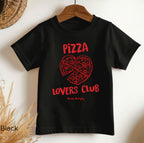 Black Bella + Canvas toddler pizza graphic tee featuring red Pizza Lovers Club text and heart-shaped pizza design