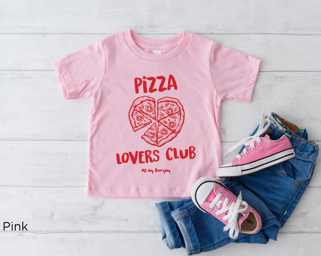 Kids Pizza Lovers Club graphic shirt available in multiple colours including white, black, pink, navy and natural