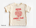 Front view of kids Pizza Lovers Club toddler T-shirt with heart shaped pizza graphic on the chest