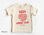 Front view of kids Pizza Lovers Club toddler T-shirt with heart shaped pizza graphic on the chest