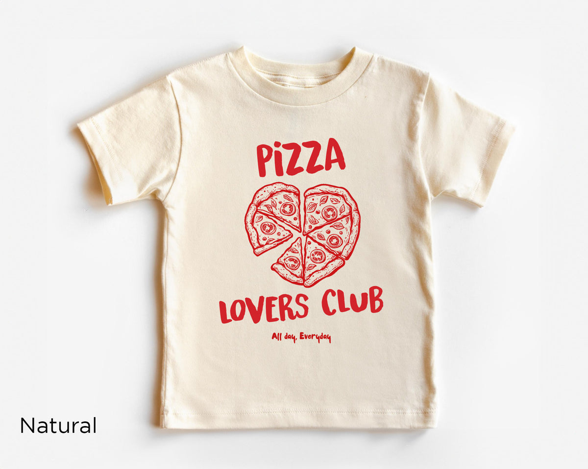 Front view of kids Pizza Lovers Club toddler T-shirt with heart shaped pizza graphic on the chest