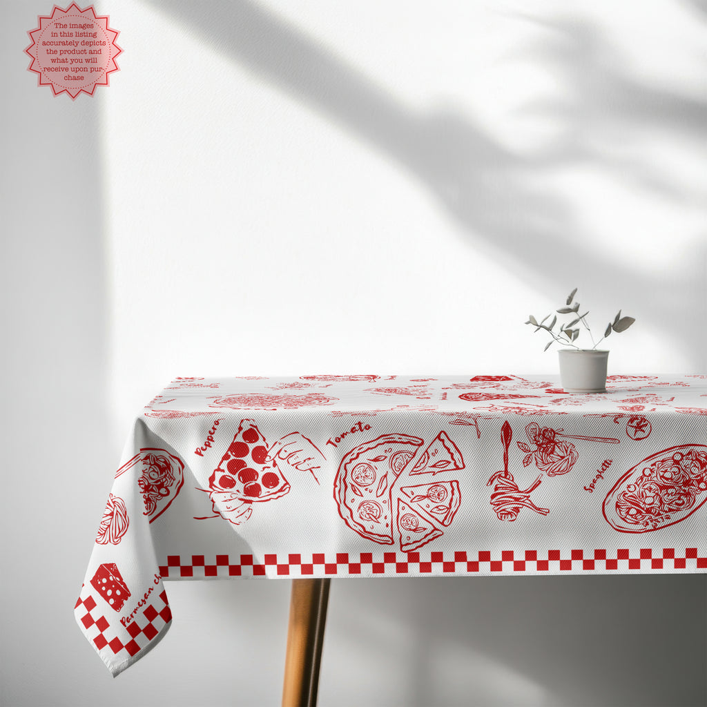 Italian Pizza & Pasta Tablecloth – Hand-Drawn Red & White Food Illustration Table Linen for Parties, Weddings & Everyday Dining