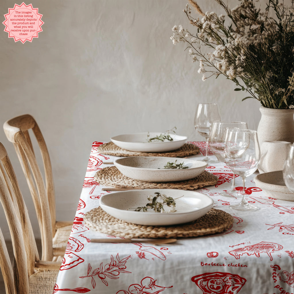 Italian Pizza & Pasta Tablecloth – Hand-Drawn Red & White Food Illustration Table Linen for Parties, Weddings & Everyday Dining