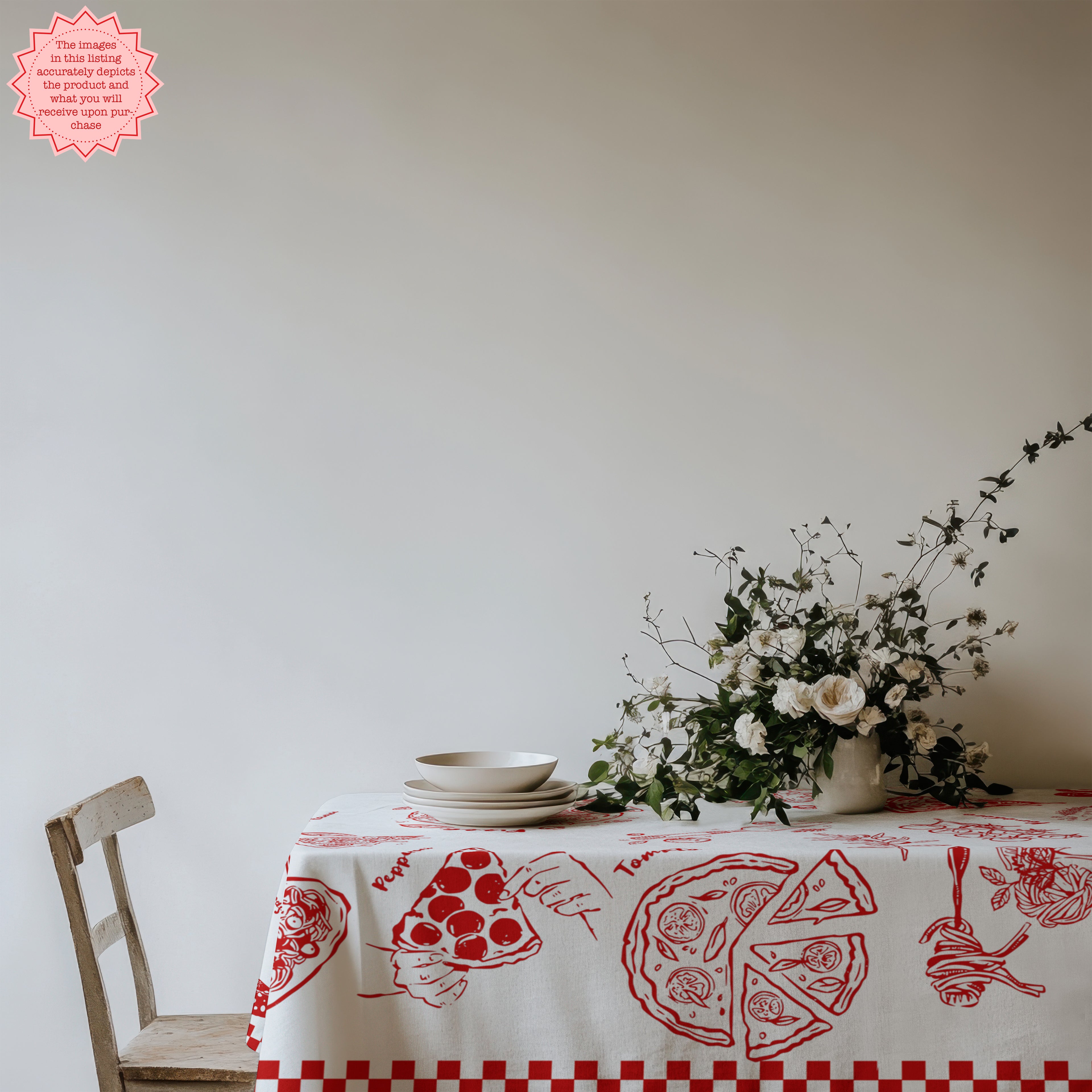Italian Pizza & Pasta Tablecloth – Hand-Drawn Red & White Food Illustration Table Linen for Parties, Weddings & Everyday Dining