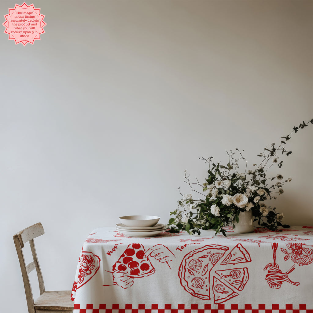 Fun Italian food tablecloth showcasing colorful pizza slices, pasta dishes and market-inspired artwork for kitchen and dining decor.
