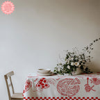 Fun Italian food tablecloth showcasing colorful pizza slices, pasta dishes and market-inspired artwork for kitchen and dining decor.