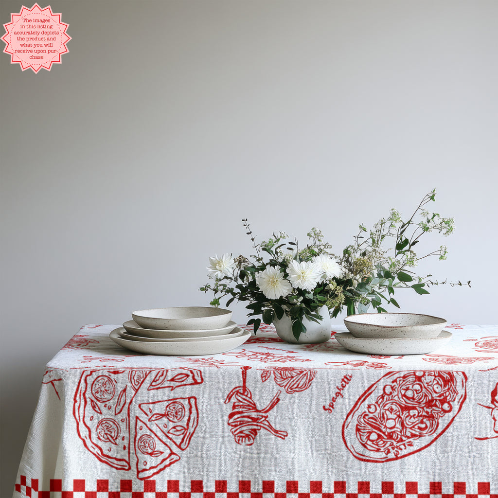 Italian Pizza & Pasta Tablecloth – Hand-Drawn Red & White Food Illustration Table Linen for Parties, Weddings & Everyday Dining