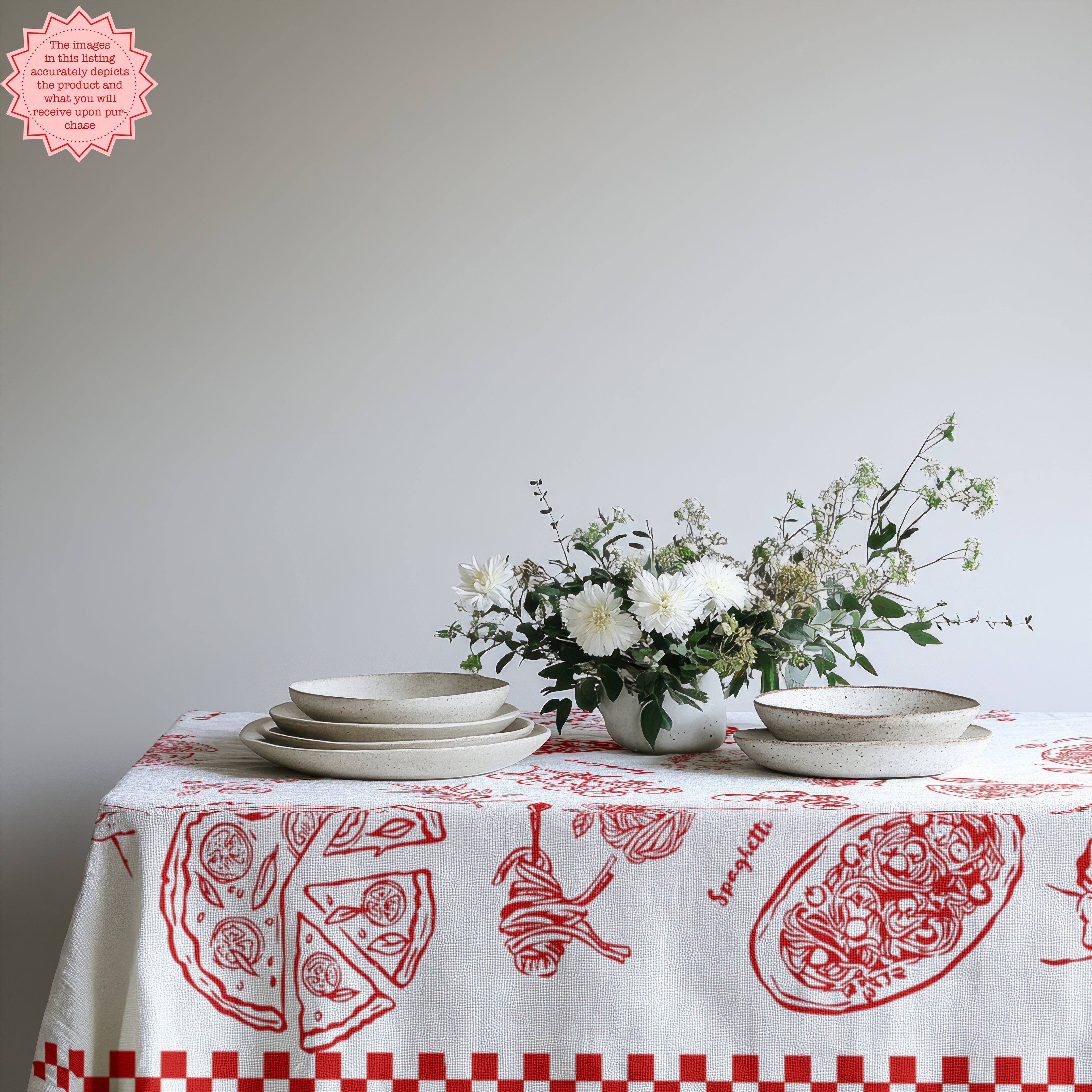 Italian dinner party table setting with a vibrant pizza and pasta tablecloth inspired by Mediterranean markets and family gatherings.