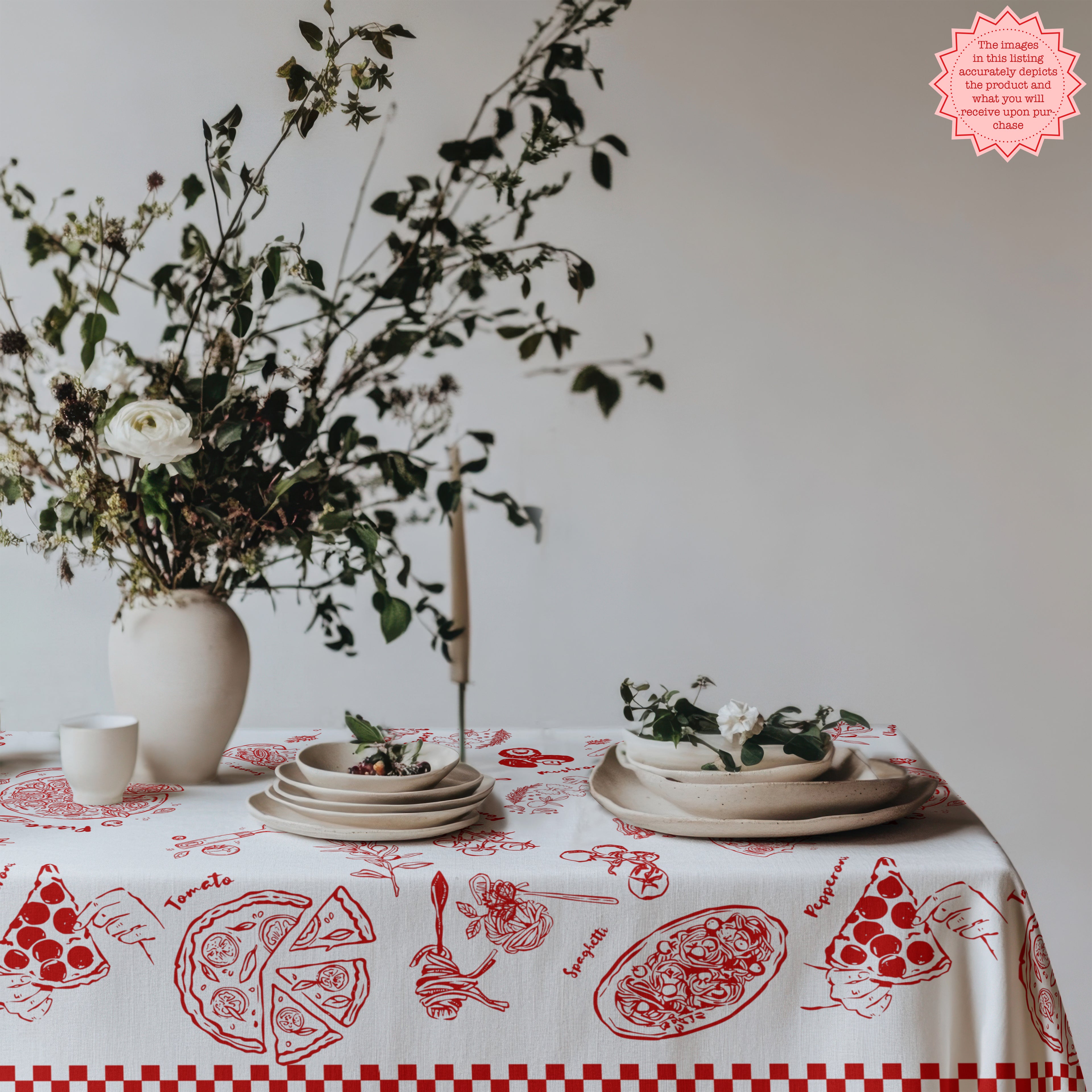 Italian Pizza & Pasta Tablecloth – Hand-Drawn Red & White Food Illustration Table Linen for Parties, Weddings & Everyday Dining