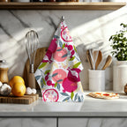 Painted pomegranate kitchen towel displayed flat showing full colorful fruit pattern