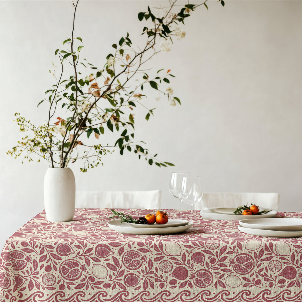 Red pomegranate botanical print tablecloth with detailed fruit and leafy motifs