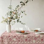 Red pomegranate botanical print tablecloth with detailed fruit and leafy motifs