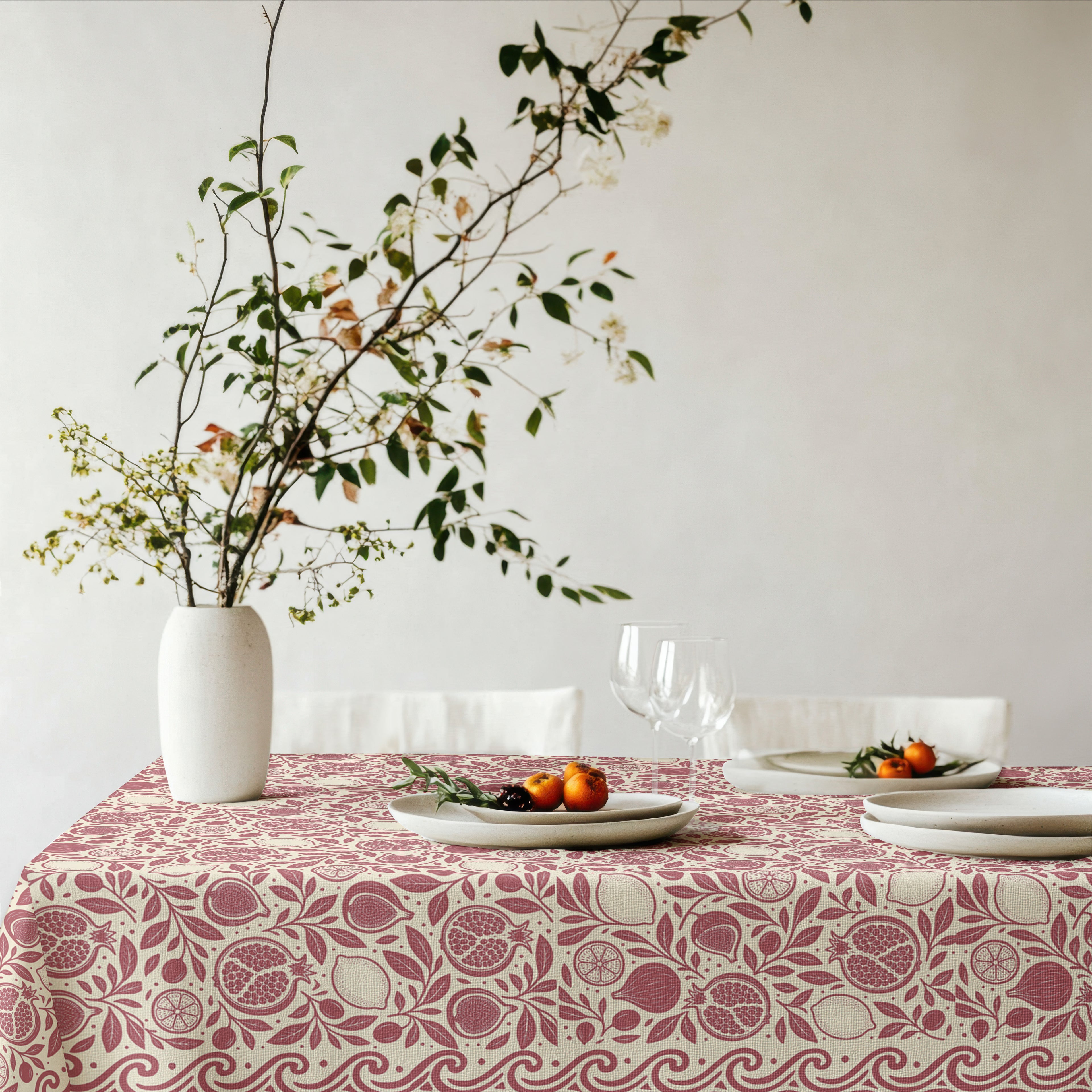 Red pomegranate botanical print tablecloth with detailed fruit and leafy motifs