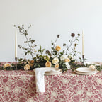 Pomegranate, fig and lemon tablecloth featuring a red Mediterranean botanical pattern