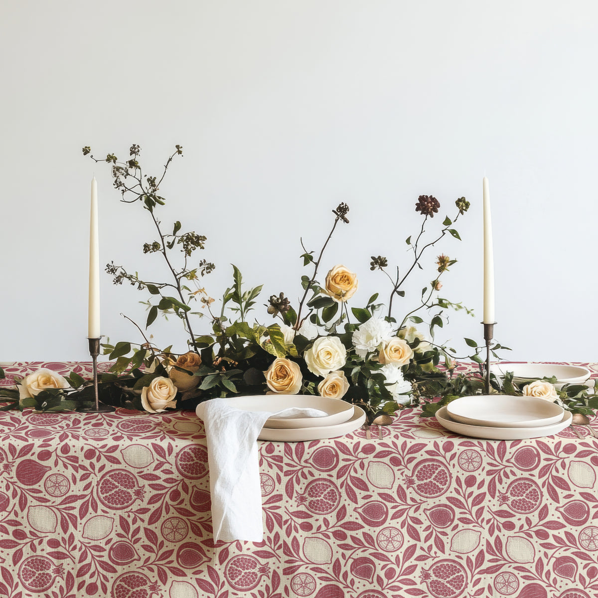 Pomegranate, fig and lemon tablecloth featuring a red Mediterranean botanical pattern