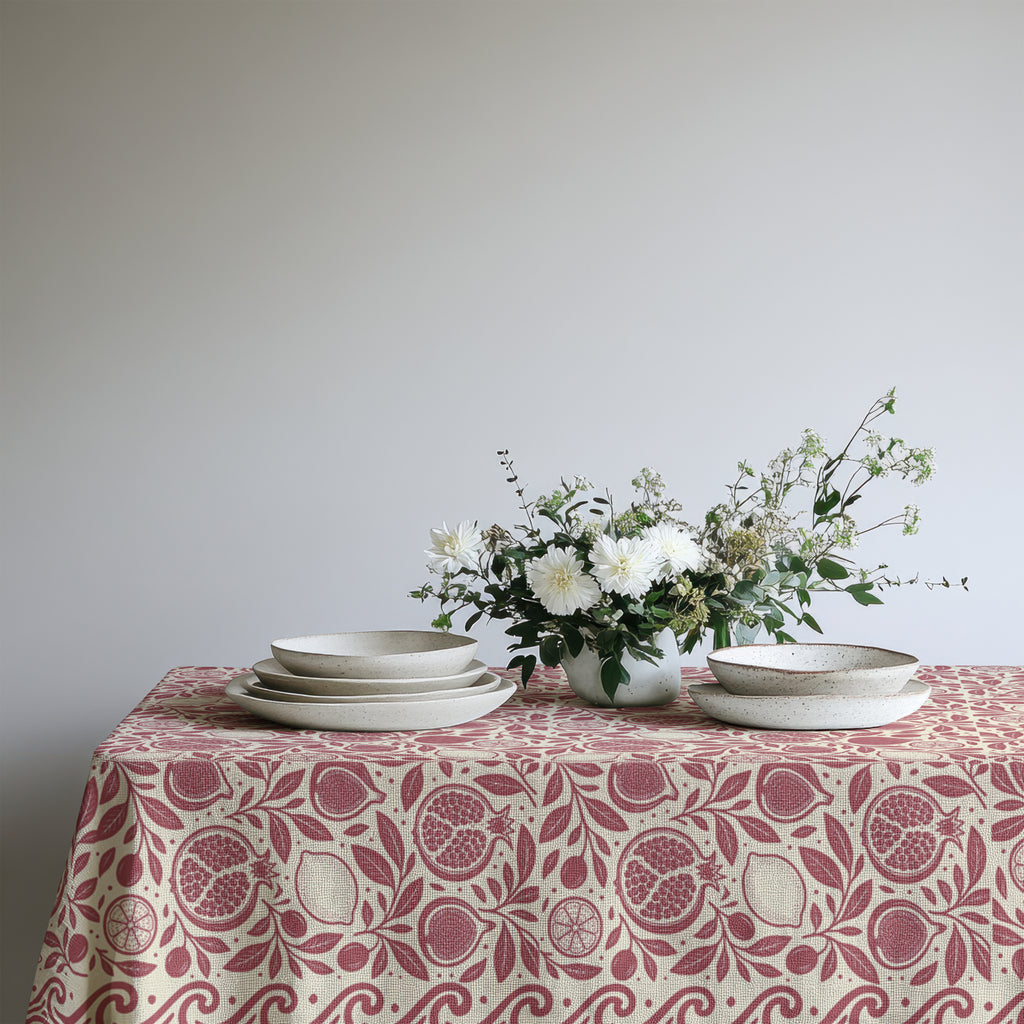 Pomegranate and citrus patterned tablecloth styled for an elegant dining setting
