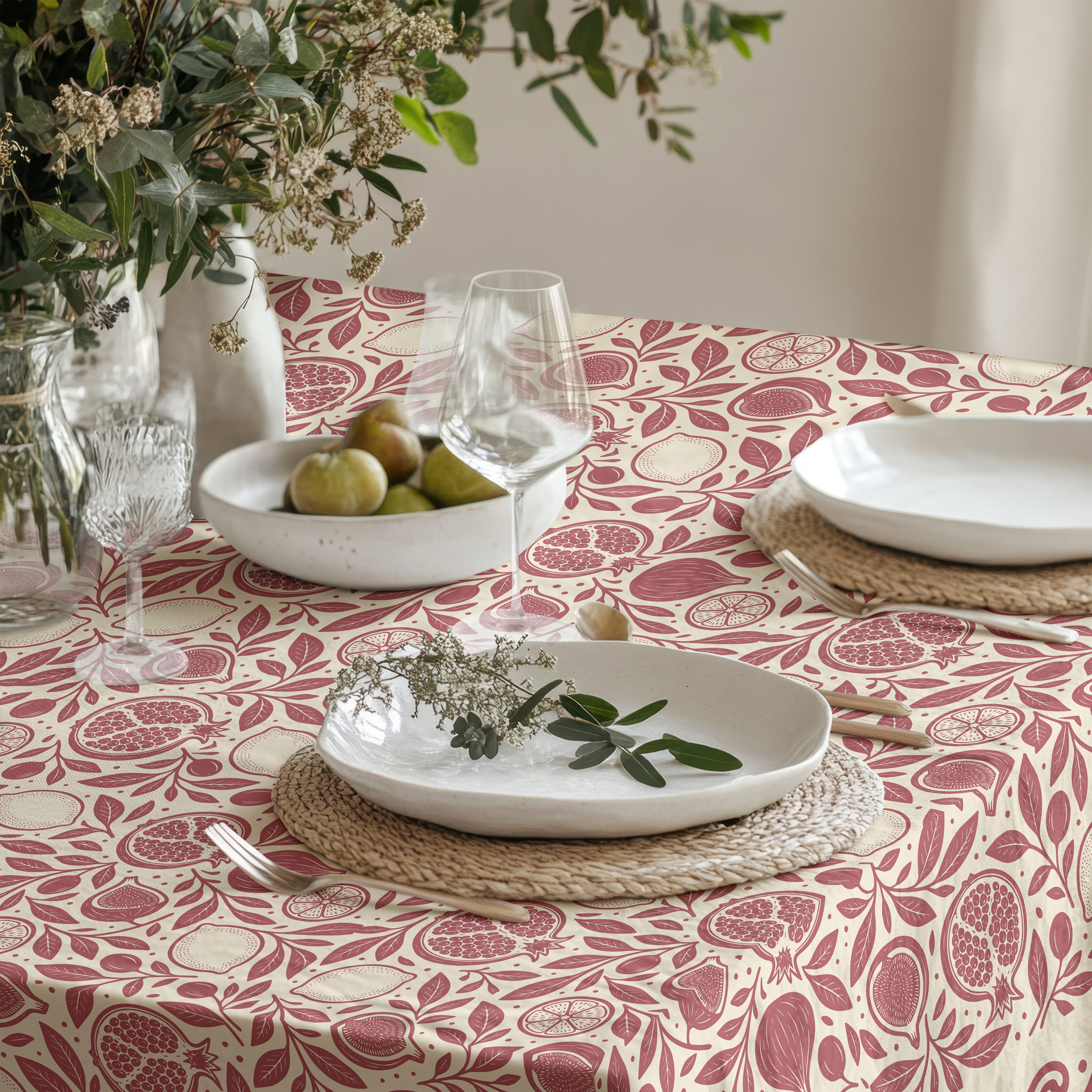 Mediterranean-inspired pomegranate and fruit tablecloth in red and warm cream