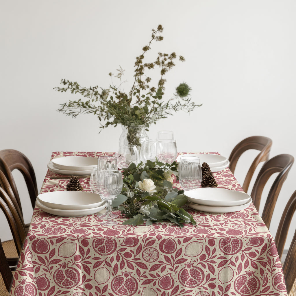 Close-up of pomegranate, fig and lemon pattern on a cotton twill tablecloth