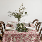 Close-up of pomegranate, fig and lemon pattern on a cotton twill tablecloth