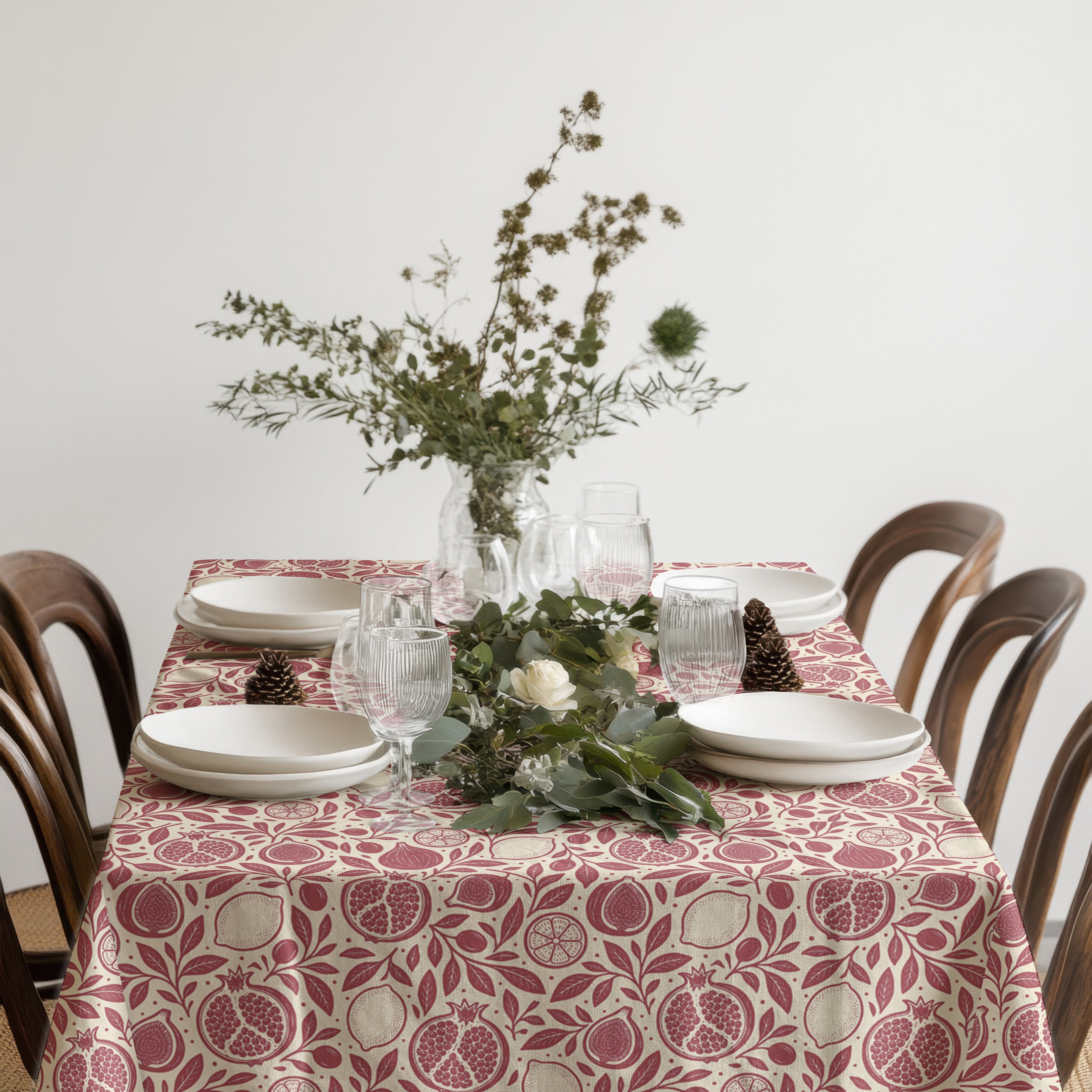 Close-up of pomegranate, fig and lemon pattern on a cotton twill tablecloth