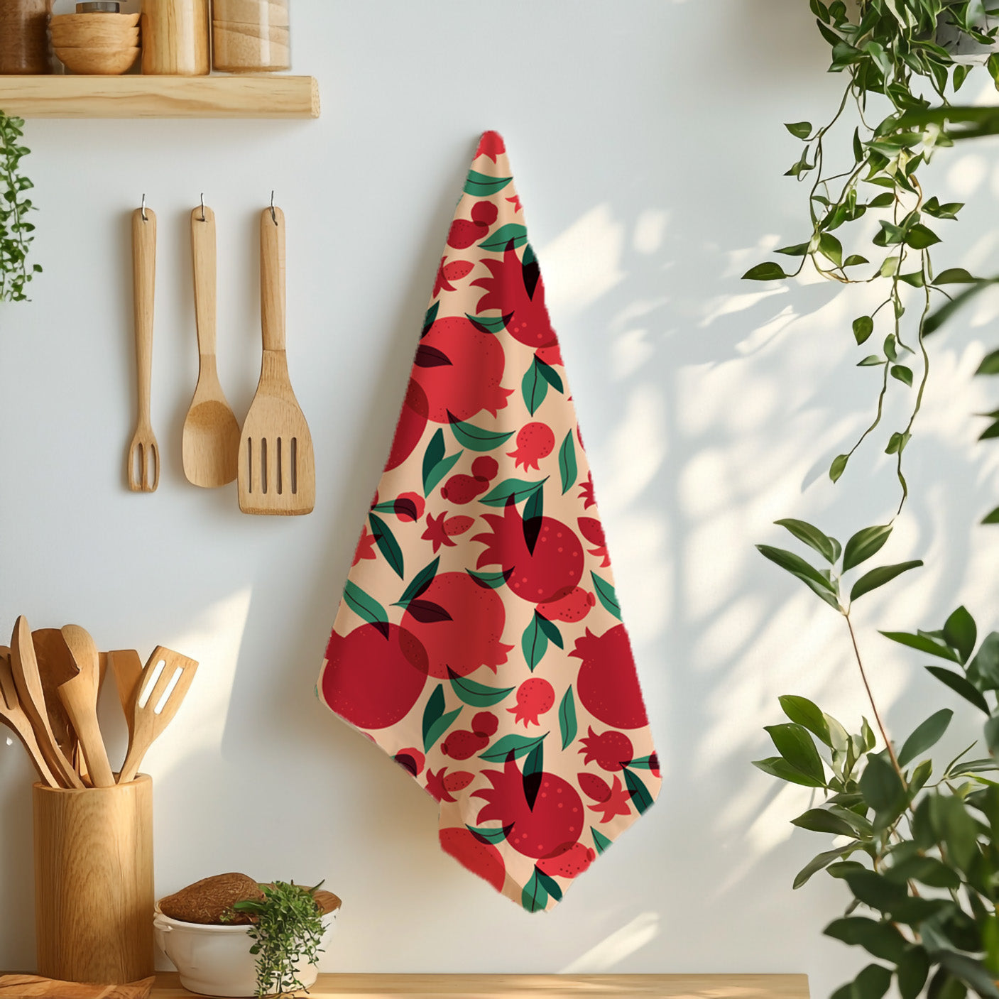 Mediterranean pomegranate tea towel featuring the That’s Amore design styled on a dining table with fork and knife