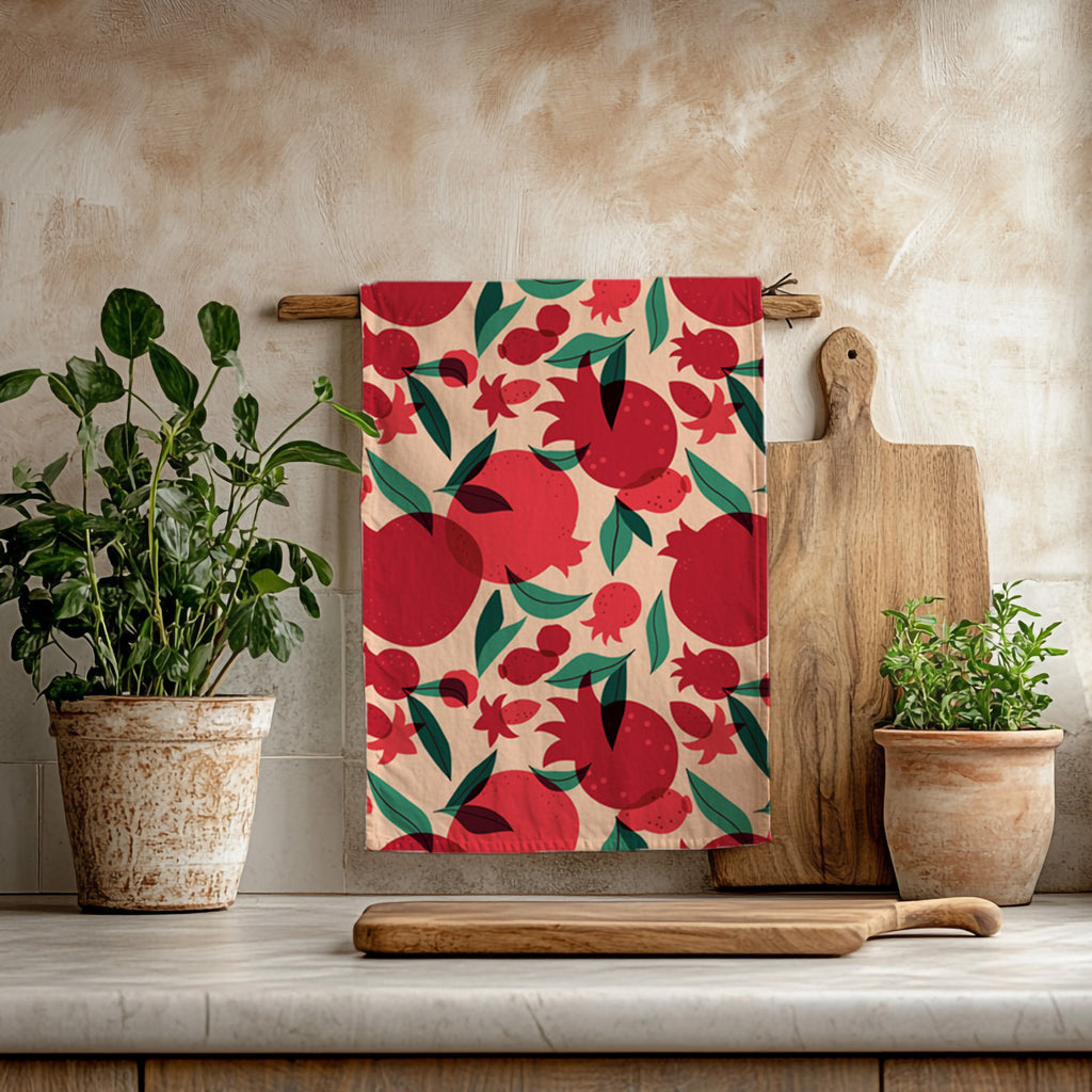 That’s Amore pomegranate tea towel hanging in a Mediterranean kitchen with wooden utensils and natural decor