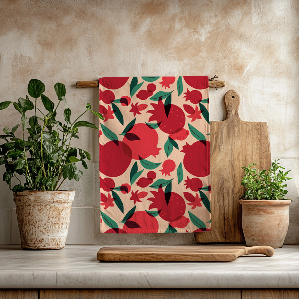 That’s Amore pomegranate tea towel hanging in a Mediterranean kitchen with wooden utensils and natural decor
