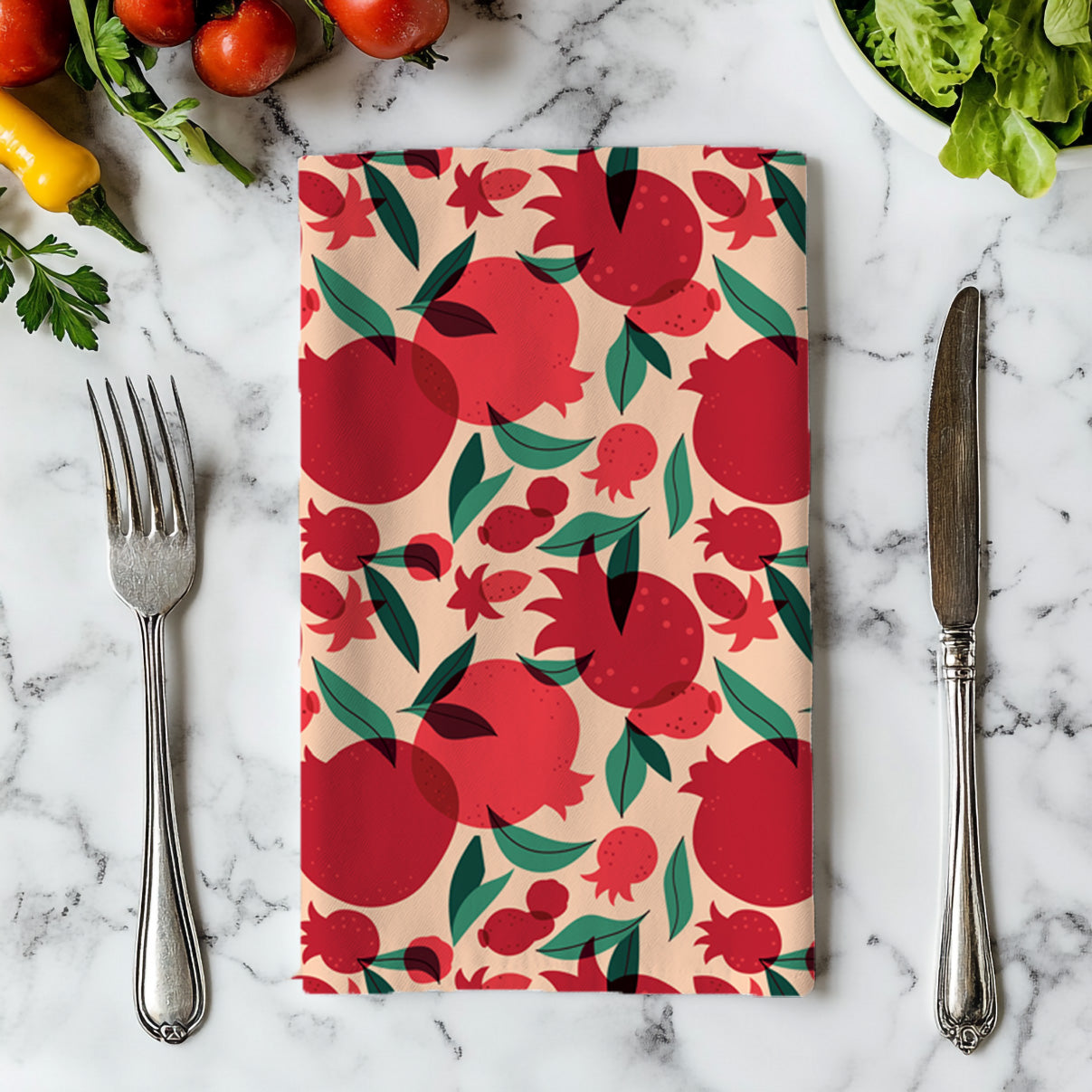 That’s Amore Italian pomegranate tea towel hanging in a bright modern Mediterranean style kitchen